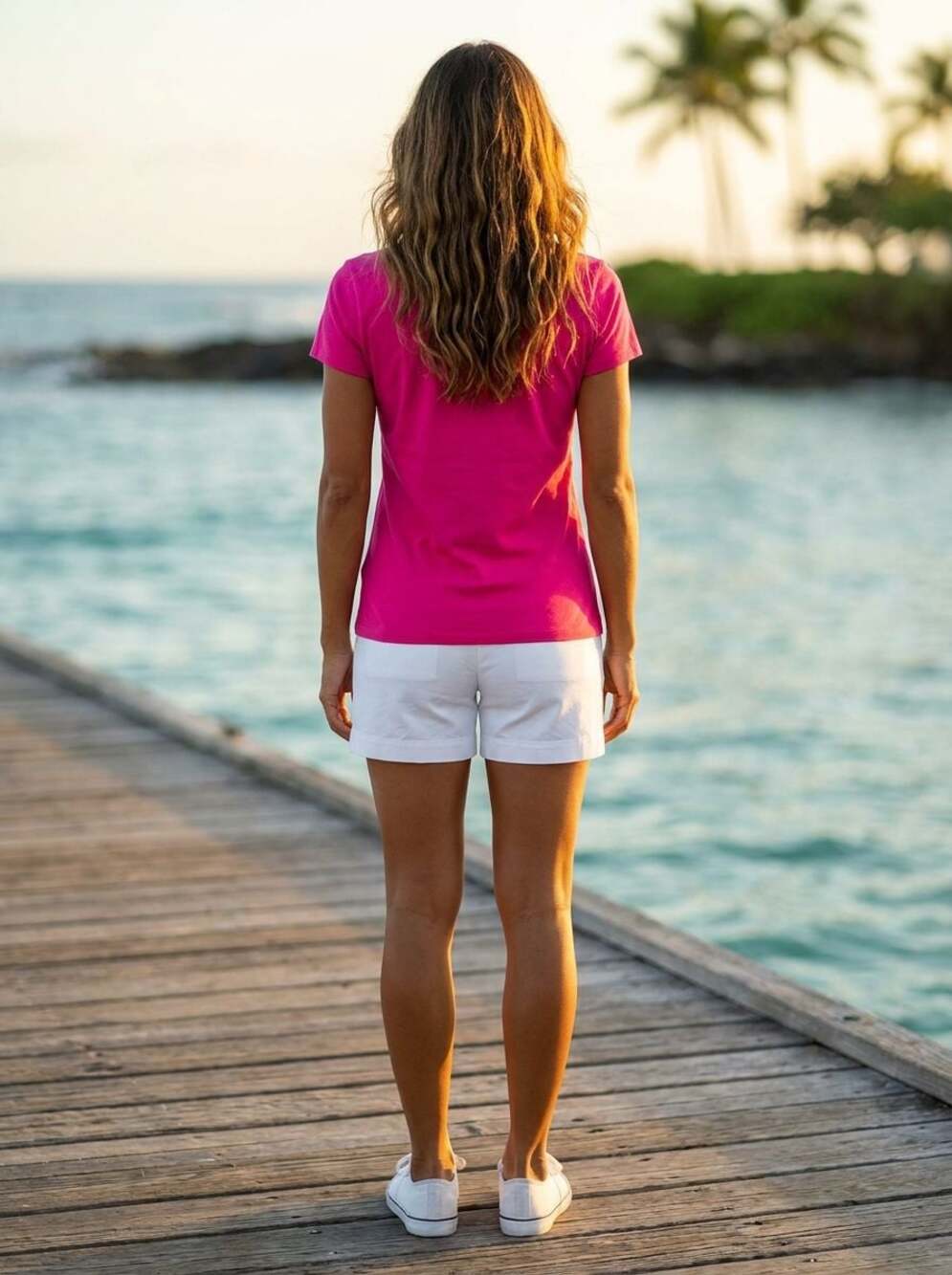 Ralph Lauren V-Neck Short Sleeve Tee in Hot Pink with Navy Pony - Picture 2 of 8